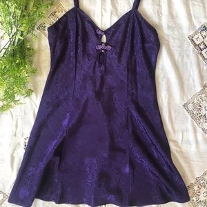 Vtg M Satin Silky Slip Chemise Lingerie ANGELIQUE Purple Strappy Floral Peephole